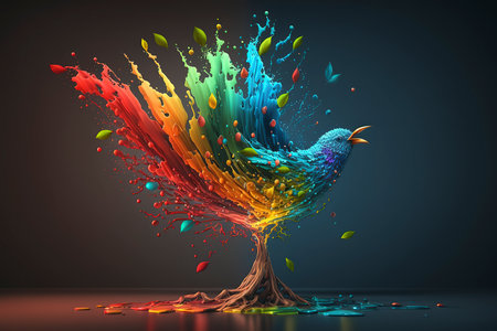 Colorful bird made of splashes and drops. 3d renderingの素材