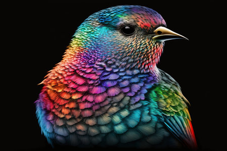 Colorful bird isolated on black background. 3D illustration. Studio shot.の素材
