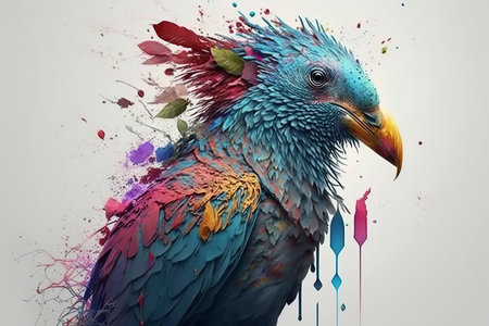 Colorful parrot with abstract paint splashes on a white backgroundの素材