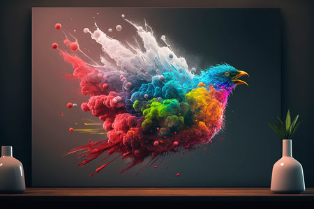 Colorful paint splashing from a bird in a vase. 3d renderingの素材