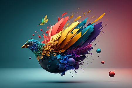 Colorful bird with abstract paint splashes. 3D illustration.の素材