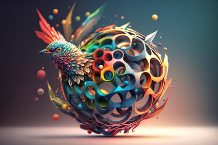 3D rendering of a colorful bird made up of spheres and ballsの素材