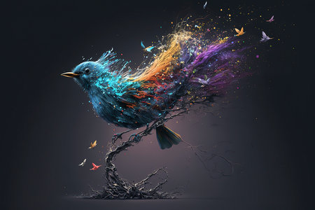 Bird made of colorful splashes. 3d render. Abstract backgroundの素材