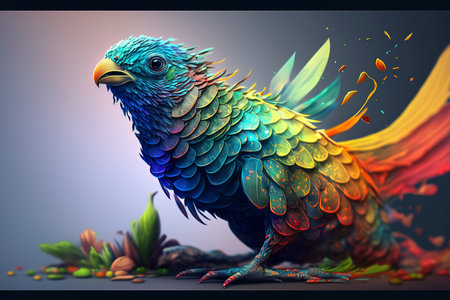 Colorful parrot in fantasy forest. 3d render illustration.の素材