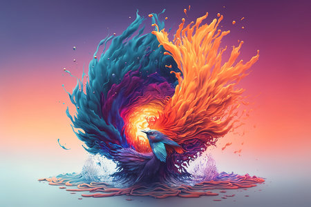 3D illustration of an abstract background with a bird in the oceanの素材