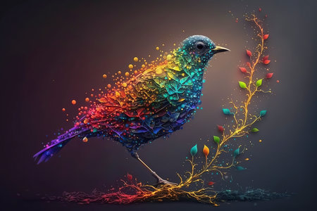Colorful bird with floral ornament on dark background. 3d illustrationの素材