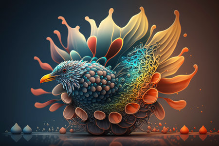 3D rendering of a blue bird with a colorful pattern in the backgroundの素材