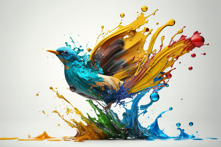 Colorful splashes and rooster on white background. 3d renderingの素材