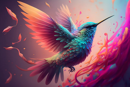 Hummingbird with colorful feathers in a surreal style. 3d renderingの素材