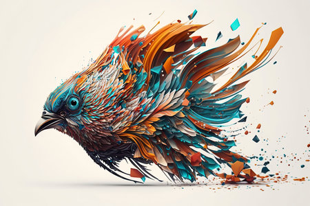 Colorful bird with splashes on white background. 3d renderingの素材
