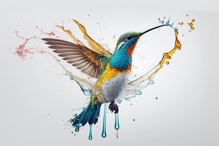 Hummingbird with splashes and drops of water. Mixed mediaの素材