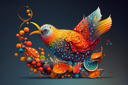 Colorful bird on black background. 3D illustration. Vintage style.の素材