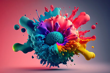 Colorful splashes of paint on a pink background. 3d renderingの素材