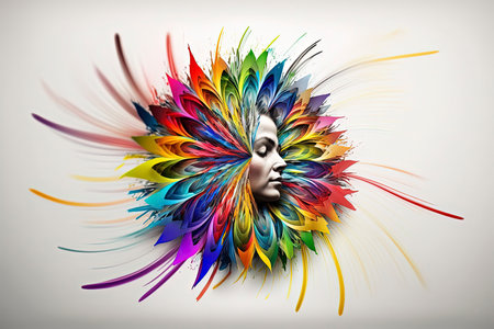 Beautiful female face made of colorful feathers. 3D rendering.の素材