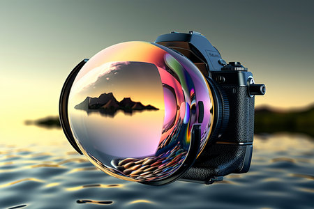 Digital SLR camera with reflection in water. 3D illustration.の素材