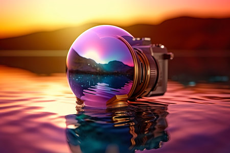 camera and a glass ball on the background of the lake at sunsetの素材