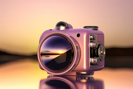 Digital composite of Pink camera with sunset background. 3D render.の素材