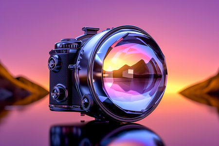 Digital SLR camera with lens on colorful background. 3d renderingの素材