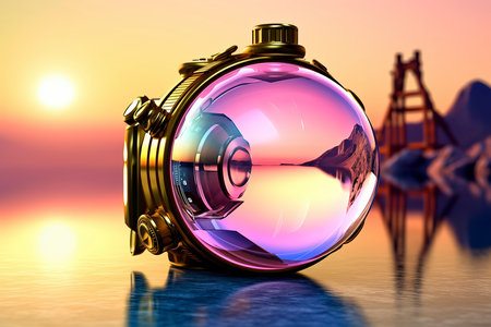 3d rendering of a retro camera in the water with sunset backgroundの素材