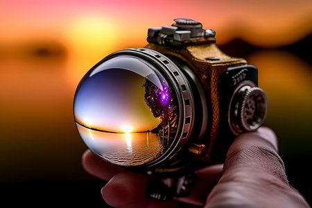 camera lens in the hands of the photographer on the background of the sunsetの素材