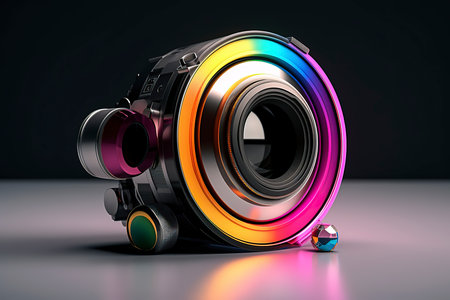 3d illustration of camera lens with multicolored lights on black backgroundの素材