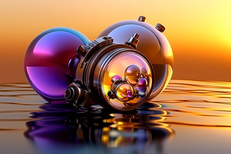 3d illustration of a diver's helmet in the water, with reflectionの素材