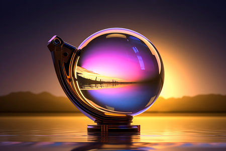 3d illustration of a crystal ball with a reflection in the waterの素材
