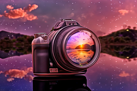 Digital SLR camera on the background of a beautiful sunset. 3d renderingの素材