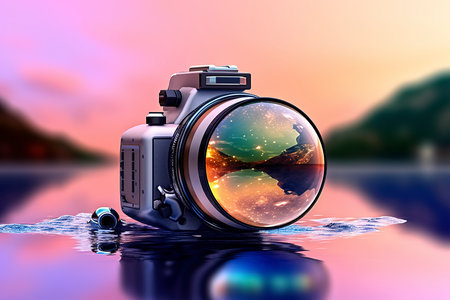 Digital camera on the background of the sea and mountains. 3d renderingの素材