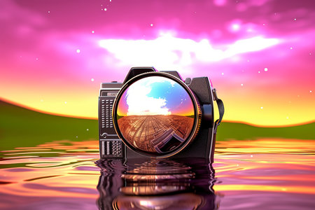 Digital composite of Composite image of a camera in a lake with sunsetの素材