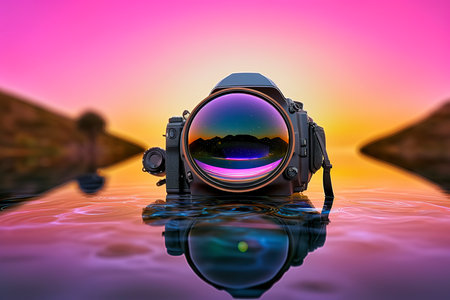 digital camera with reflection in the water, 3d illustration, digital compositionの素材