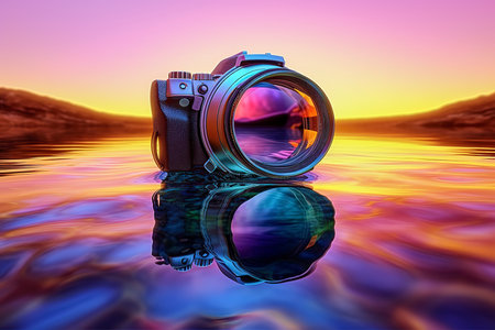 Digital camera reflected in the water surface at sunset. 3d illustrationの素材