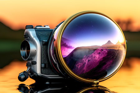 3d illustration of a camera in a glass sphere with a mountain landscapeの素材