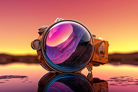 3d illustration of a digital camera with a colorful sunset in the backgroundの素材