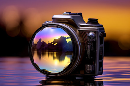 Digital SLR camera with reflection on water at sunset, extreme closeupの素材