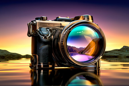 Digital SLR camera reflected in water at sunset. 3d renderの素材