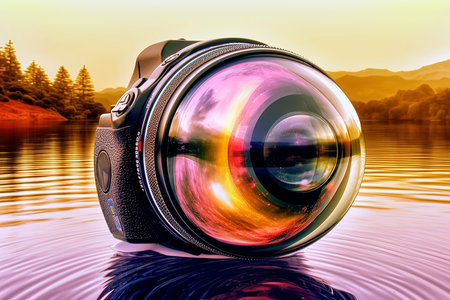 Digital SLR camera with reflection on water. 3D illustration.の素材
