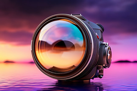 Professional camera on a lake at sunset. 3d illustration. Shallow DOF.の素材