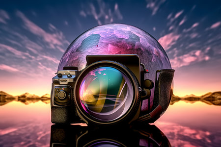 Camera in the glass ball. 3D illustration. Elements of this image furnished by NASAの素材