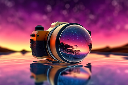 Digital composite of Composite image of a camera on a lake with purple backgroundの素材