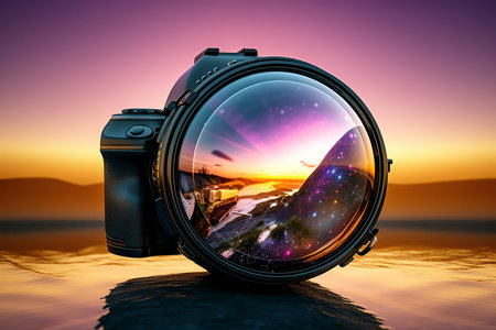Digital camera with reflection in water. Elements of this image furnished by NASAの素材