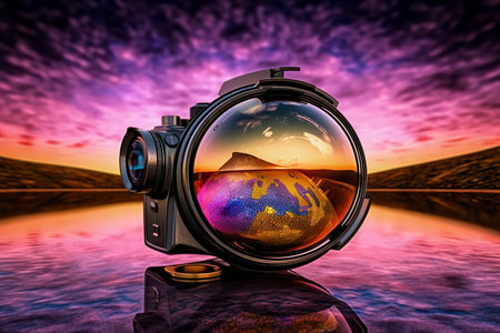 3d rendering of a camera in the water with a mountain in the backgroundの素材