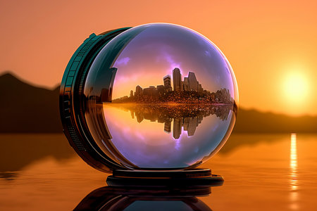 Glass ball with the reflection of the city in the water on a sunset backgroundの素材