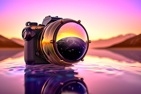Digital camera on the water with nature background. 3d illustration.の素材