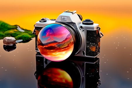 Vintage camera with reflection on water surface and beautiful landscape background.の素材