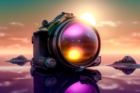 3d illustration of a camera on a background of the sea.の素材