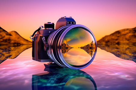 Digital composite of Composite image of a camera floating on a lake during sunsetの素材
