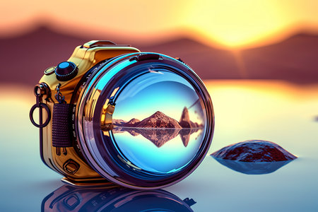 3d illustration of a camera with a mirror reflection and mountains in the backgroundの素材