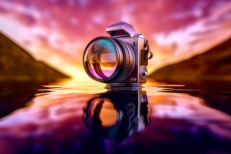 Digital camera reflected in the water at sunset. 3D illustration.の素材