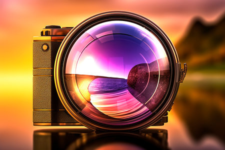 Vintage camera with reflection in water on blurred nature background. 3d illustrationの素材